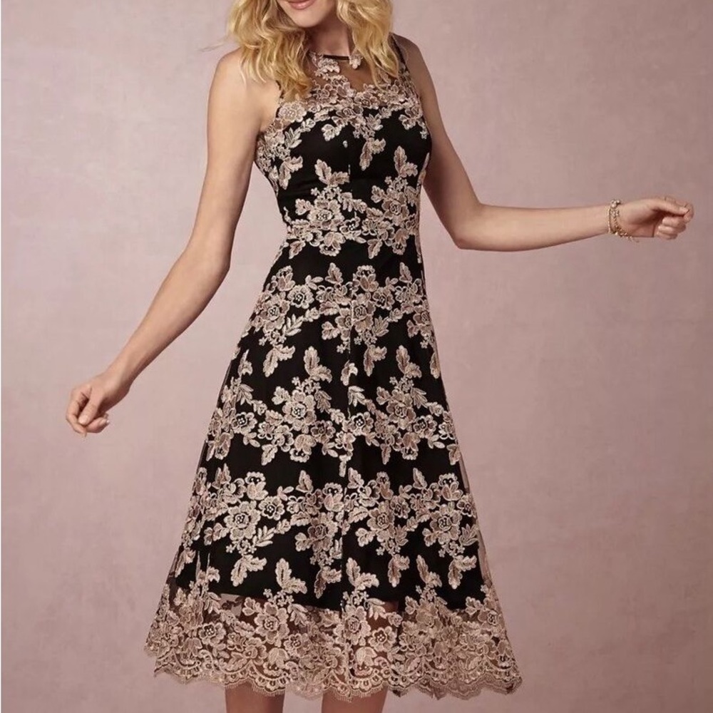 BHLDN Black and Gold Floral Lace Dress